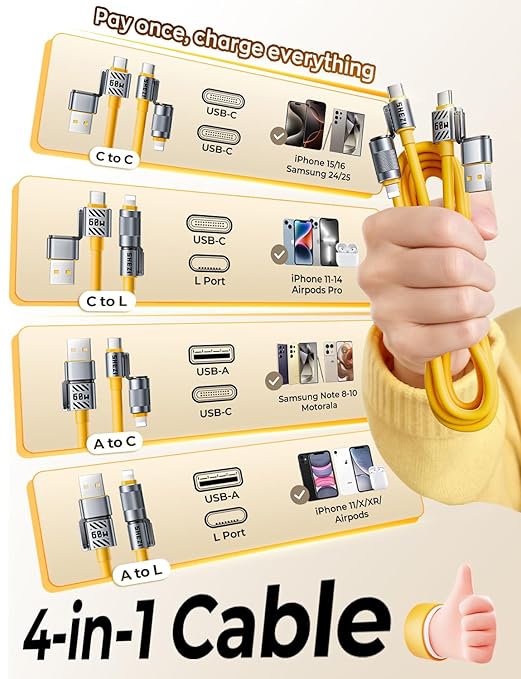 2025 Silicone 4-in-1 USB C Cable 60W Compatible with Lightning Cable Fast Charging & Data Transfer, Support to CarPlay & Android Auto, 5FT Multi Cord Combo Charger for iPhone/iPad