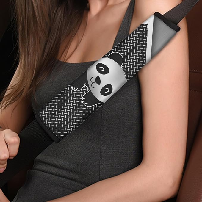 Howilath Sliver Panda Pattern 10pcs Car Front Seat Covers/Steering Wheel Cover/Seatbelt Pads/Keychain/Armrest Cushion/Coasters Vehicle Seat Protector Accessories