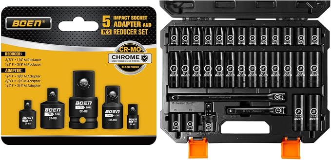 BOEN 38 Piece Impact Socket Set and Adapter Set, Standard SAE, 1/4", 3/8", 1/2" Impact Driver Conversions, Deep & Shallow Metric Socket Set 8mm to 22mm, Includes 5", 10" Extension Bars, Universal Join