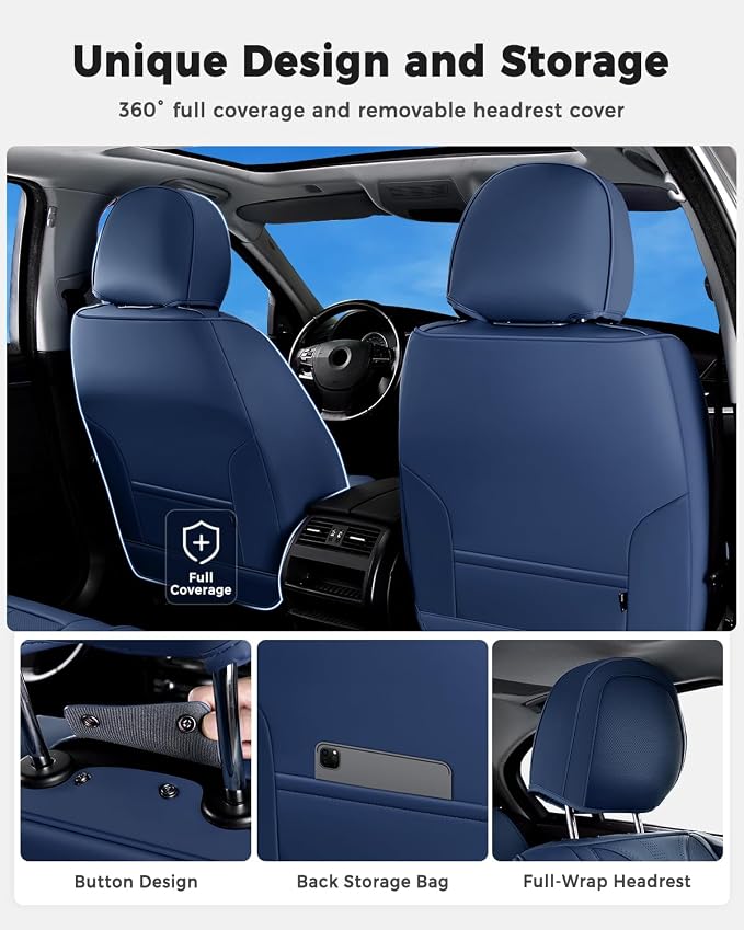Huidasource Blue Front Seat Cover Luxury Nappa Leather, Front Car Seat Covers with Airbag, Front Storage Pocket, Lumbar Support, Cooling＆Heating, Seat Cover Universal Fit for Most Cars SUV Trucks Blue