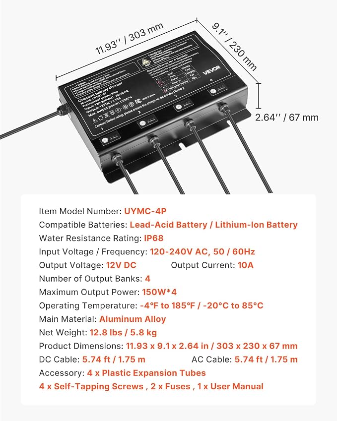 VEVOR Marine Battery Charger, 4-Bank, 10A x 4, 12V Onboard Battery Charger, IP68 Waterproof Smart Boat Charger, for Lithium-Ion (LiFePO4), NCM, Lead-Acid Batteries, Large Boat, Yacht, RV, Trailer