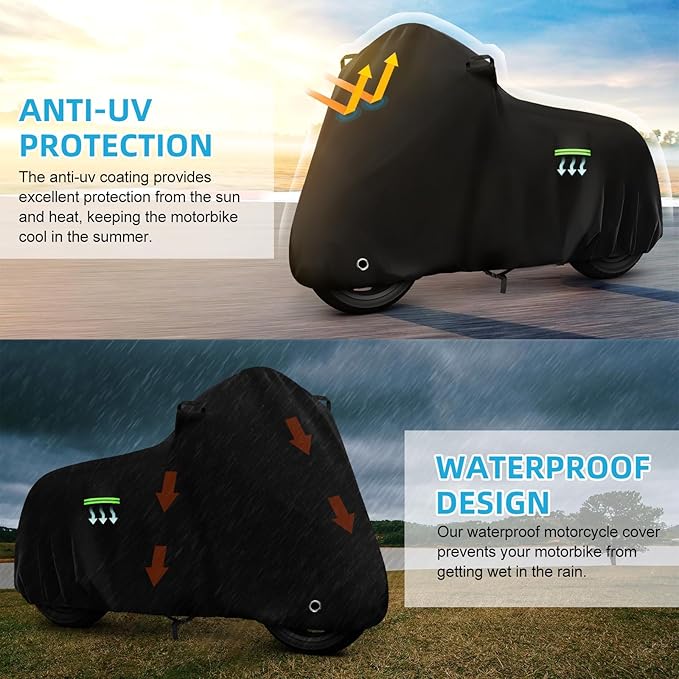 Motorcycle Cover Waterproof for Kawasaki KLR 650/R 1250 GS/Honda Africa Twin/V-Strom 1050XT, Heavy Duty Outdoor Sun UV Rain Dust All Weather Motorbike Cover with Soft Cotton Lining & Lock Hole-Balck