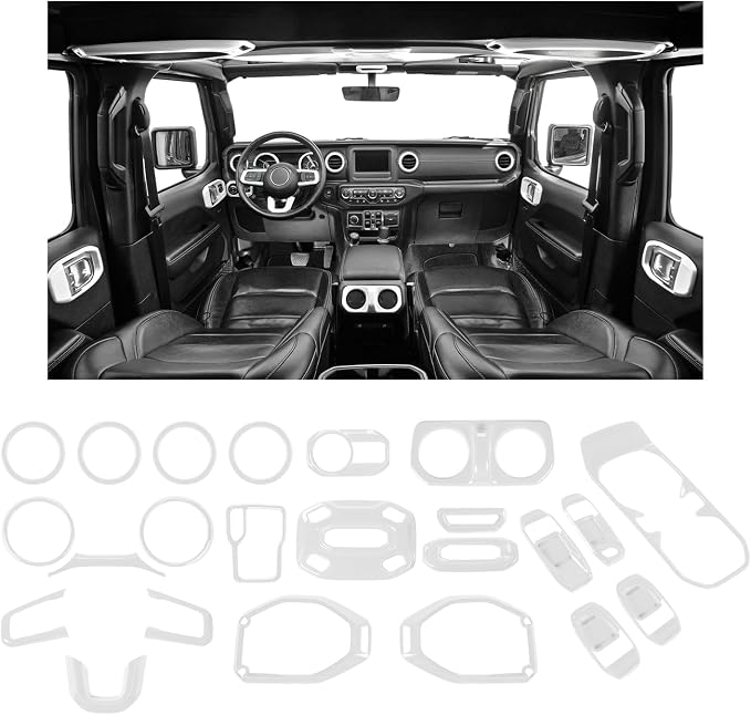 23pcs Full Set Interior Trim Kit for Jeep Wrangler JL JLU Gladiator JT 2018-2023 Steering Wheel Door Handle Air Conditioning Vent Cup Holder Reading Light Headlight Gear Cover, White