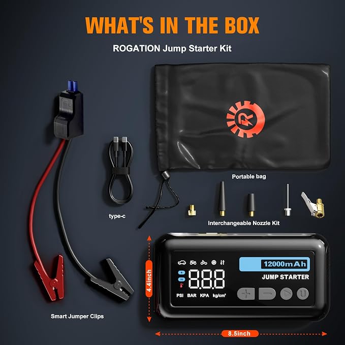 Jump Starter with 150PSI Air Compressor, 2000A Peak 12V Booster, 10000mAh Portable Car Battery Jump Starter, Up to 10L Gas/8L Diesel Engines, 33W Bidirectional Fast Charging Power Bank-Black