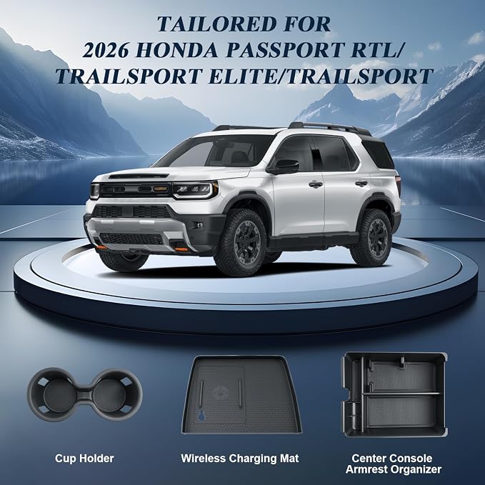 BIBIBO 3Pack for 2026 Honda Passport Center Console Organizer 2026 Honda Passport Console Armrest Tray+Cup Holder +Wireless Charging Mat 2026 Passport Insert Organizer 2026 Honda Passport Accessories