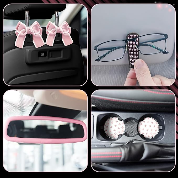 38 Pcs Pink Car Accessories Set for Women Bow Car Accessories Pink Seat Belt Cover Bow Hook Coaster Bling License Plate Decoration