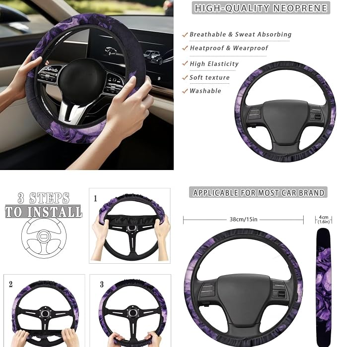 Purple Rose Skull Car Seat Covers Set for Women Universal Full Set with Steering Wheel Cover Armrest Pad Seatbelt Covers for Auto SUV Interior Decoration