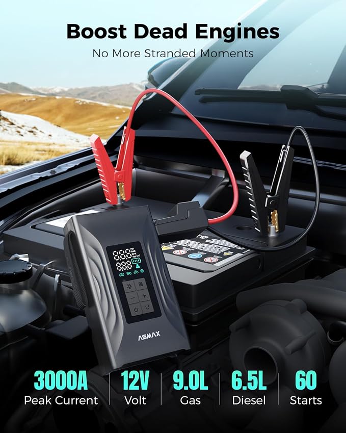 ASMAX T20 7-in-1 Portable Jump Starter with Air Compressor, 3000A Car Battery Booster with Smart Battery Clamps, 12V Jump Box for 9.0L Gas/6.5L Diesel Engines, 150PSI Auto-Shutoff Tire Inflator