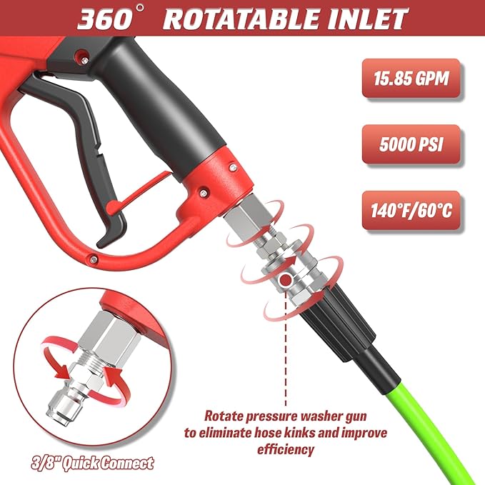 Pressure Washer Gun 5000 PSI, 360° Swivel Gun, Pressure Washer Accessories with 1/4" Quick Connect Outlet, Stubby Pressure Washer Gun with 5 Nozzle Tips, 3/8" Plug & M22-14mm Adapter