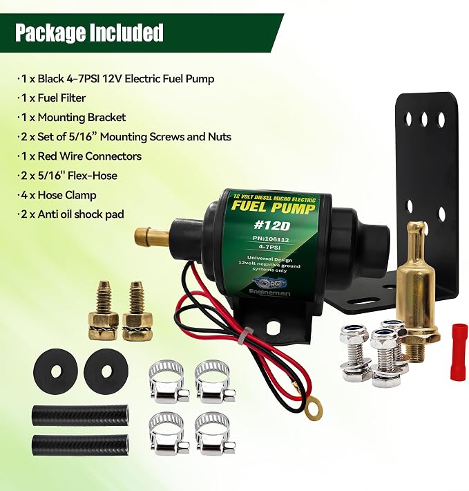 12D Micro Electric Diesel Fuel Pump Universal 5/16 inch Inlet and Outlet 12V 1-2 A, 35 GPH, 4-7 PSI with 5/16 Inch (8mm) ID Fuel Line Hose 6.56FT