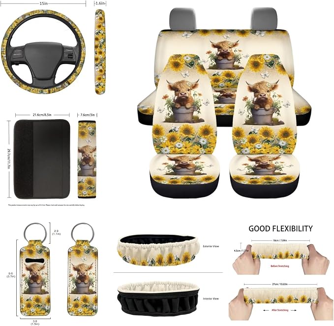 14Pack Highland Cow Car Seat Covers Cow Auto Accessory Full Set+Steering Wheel Cover+Seatbelt Pads+Handbreak Cover+Vehicle Coaster+Keychain+Car Rear View Mirror Cover for Women