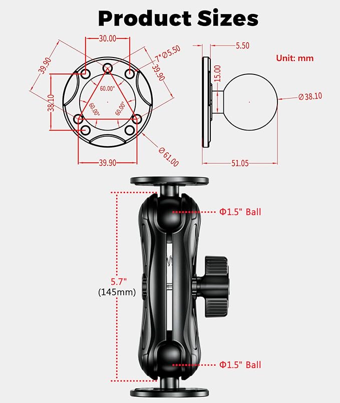 VAZESWIN Aluminum Alloy Fish Finder Mount with 1.5" Ball AMPS Hole Round Plates, 5.7" Medium Arm Marine Electronic Mount Tablet Holder for Garmin, Lowrance, Humminbird, Raymarine and More