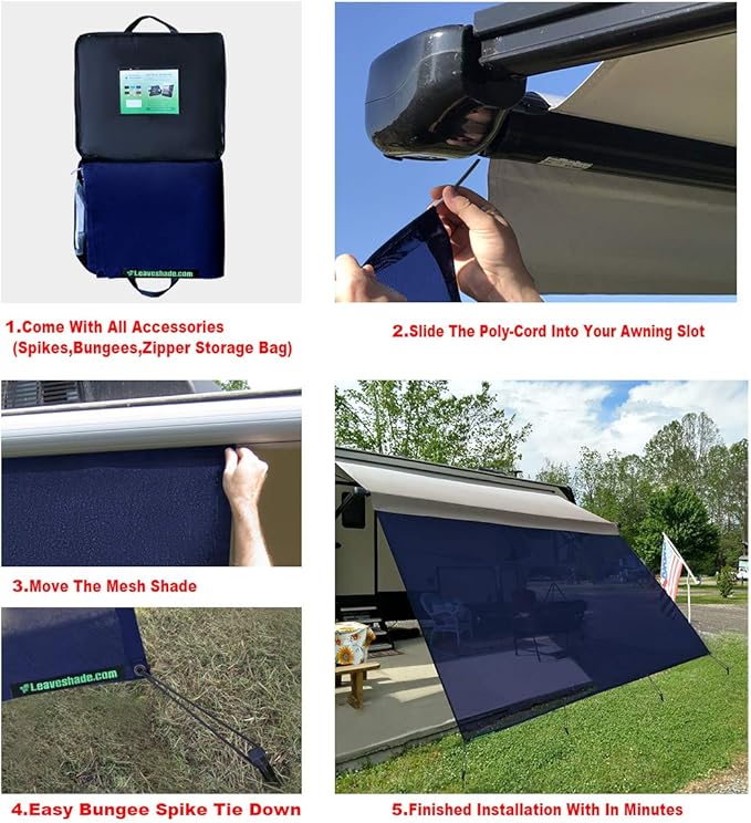 leaveshade RV Awning Sun Shade Screen 8' X 13' 3'' (Fit for 14' Awning) Mesh Sunshade Block Patio Front Sunlight Motorhome Camping Trailer Awning Shadescreen UV Sunblock - 3 Year Warranty (Navy Blue)