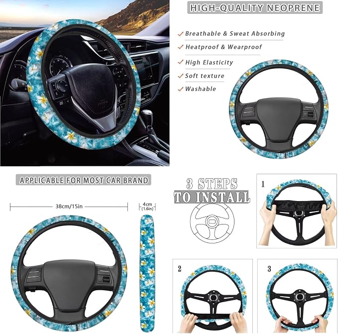 Sea Turtle Plumeria Print 10 Pcs Car Accessories Set Breathable Car Seat Covers Steering Wheel Cover Trash Can Auto Air Vent Storage Bag Cup Coasters Keychain Fits for Most Vehicle