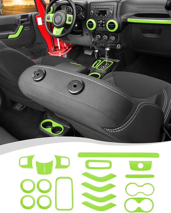Hoolcar Steering Wheel Cover Gear Shift Panel Trim Cover Water Cup Holder Cover Kit Interior Accessories Kit Fit for Jeep Wrangler JK JKU 2011-2018, 4-Door, Light Green