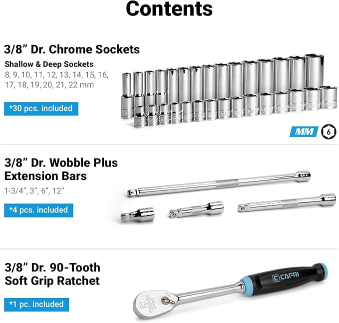 Capri Tools 3/8 in. Drive Master 6-Point Chrome Socket Set, 8 to 22 mm, with Extension and 90-Tooth Soft Grip Ratchet, 35-Piece, Metric