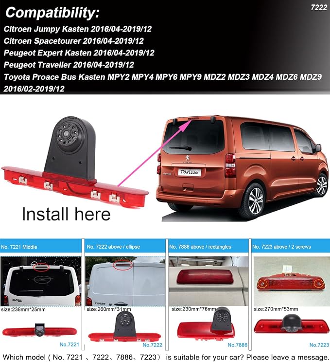 1280 * 720 Pixel Third Roof Brake Lamp Car Backup Camera Replacement for Toyota Proace Citroen Jumpy Kasten Spacetourer Peugeot Expert Kasten Traveller Bus Waterproof Parking+4.3" Reverse Mirror