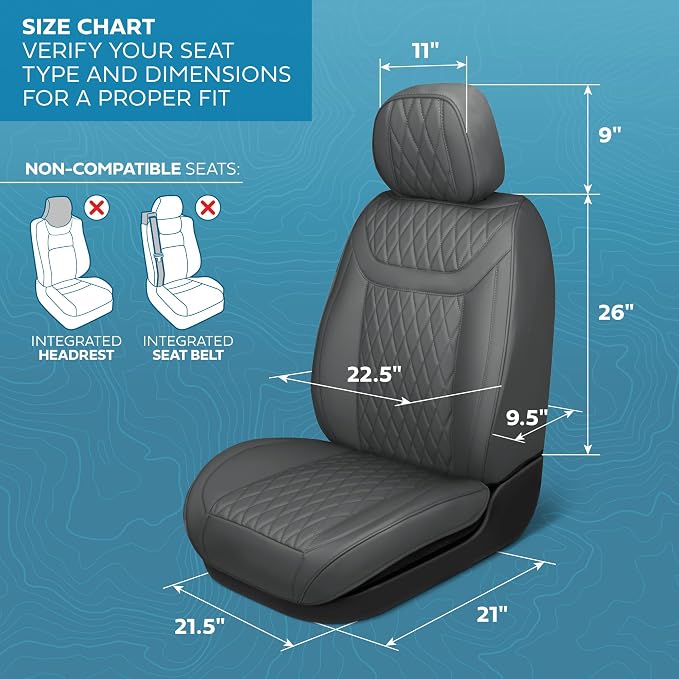 MotorBox Creekstone Series – PU Leather Seat Covers for Cars, Creekstone Series Cross-Stitch Edition Front Seat Covers, Diamond Stitched PU Leatherette Gray Car Seat Covers for Cars Trucks SUVs