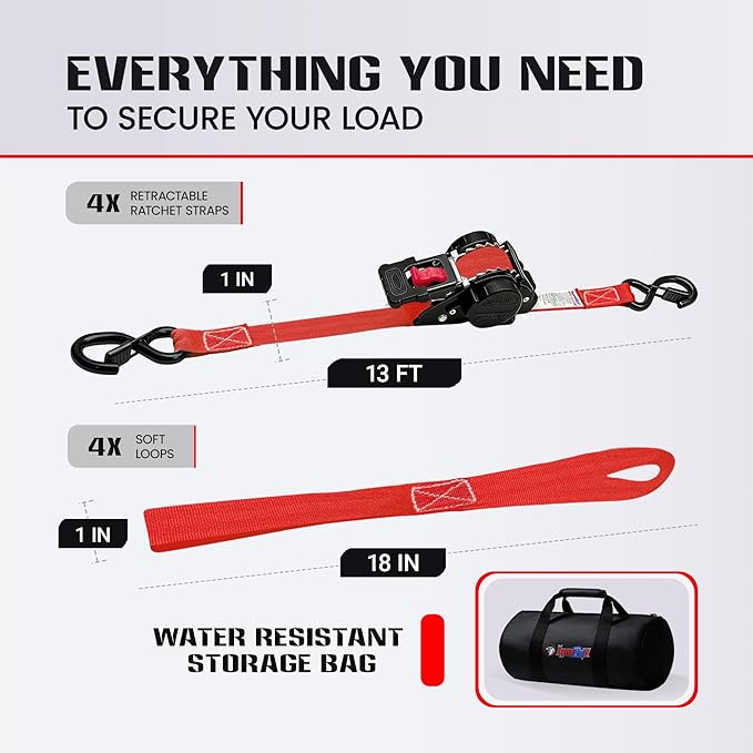 Retractable Ratchet Straps (4-Pack) - Heavy Duty Auto Slow Retraction Tie Down Straps - 1 Inch x 13 Feet (1,800lb Break Strength) for Truck, Cargo Trailer, Motorcycle, ATV, UTV - Red