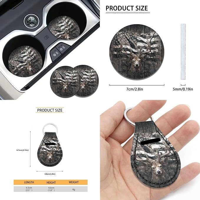 Xoenoiee Deer Flag Tree Camo Print 11 Pcs Car Accessories Full Set, Steering Wheel Cover, Front & Rear Seat Cover, Seat Belt Pads, Cup Coaster, Key Chains Universal Fit