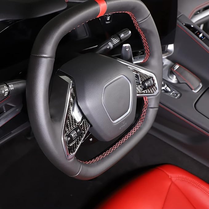 Steering Wheel Button Cover Compatible with Chevrolet Corvette C8 2020-2023, Steering Wheel Frame Trim, Car Steering Wheel Panel Protection Frame Molding Sticker (Black carbon fiber sticker)