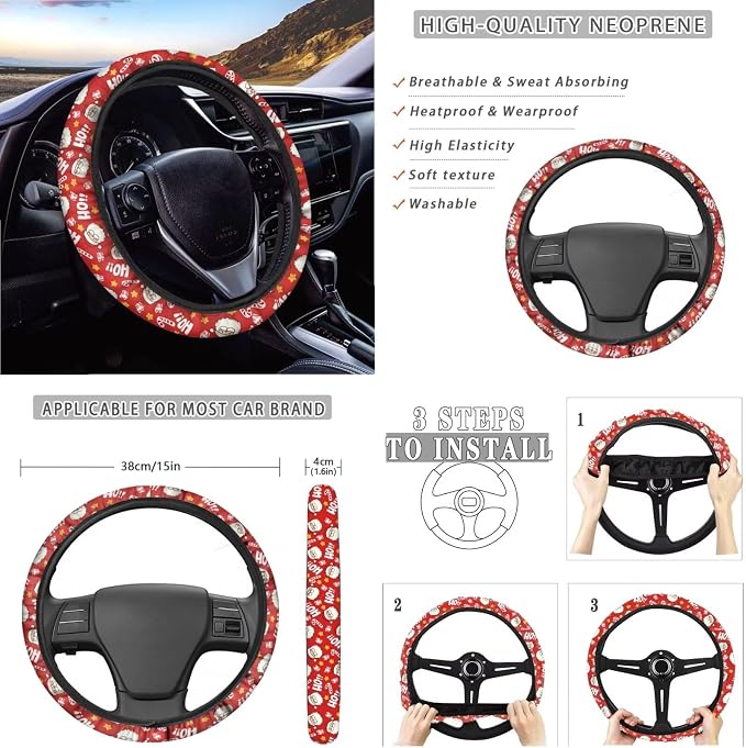 Suobstales Santa Claus Candy Star Print Car Seat Covers Full Set for Women Girly Seat Cover Protector Auto Decorative with Steering Wheel Cover + Seat Belt Covers + Coasters + Keychains
