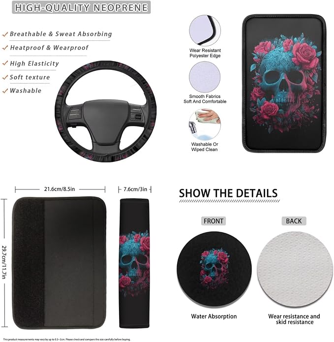 Lotusorchid Skull Print Automotive Seat Covers and Accessories, Rose Print Car Seats Covers Full Set with Steering Wheel Cover Car Armrest Box Pad Seat Belt Cover Auto Cup Coaster, Black