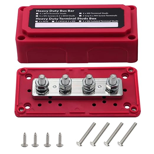 4 x M8 (5/16") Studs Power Distribution Block Bus Bar 12V, Ampper Waterproof HD 200A Marine BusBar Battery Distribution Block W/Cover for Auto Boat Solar (Red)
