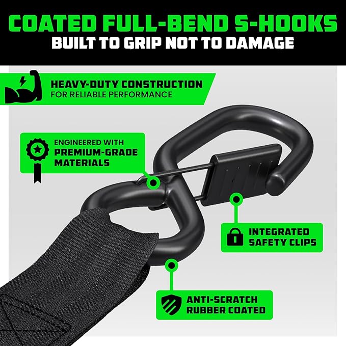 RHINO USA Ratchet Straps Tie Down Kit, 5,000 Break Strength - Includes Heavy Duty Rachet Tiedowns with Padded Handles & Coated Chromoly S Hooks + Soft Loop Tie-Downs