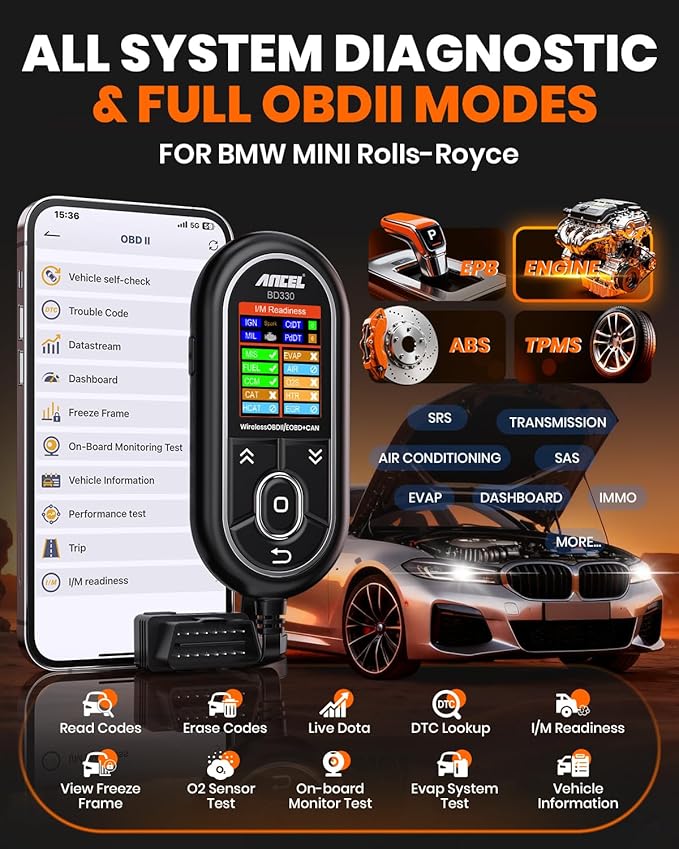 (Upgraded BD310) ANCEL BD330 Fit for BMW OBD2 Scanner – Battery Registration Tool, Code Reader for BMW/Mini/RR, BMW Diagnostic Scan Tool with Full System Diagnostics & Free EPB/Oil/Throttle Resets
