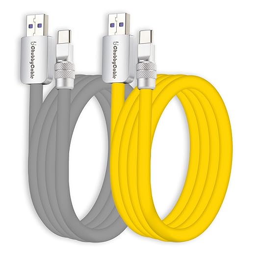 chubbycable Couple Chubby 2 Pack 120W USB C Cable Extra Thick Silicone Fast Charging Cable Compatible with iPhone 17-15 Series iPad Galaxy Series, Gray+Yellow, USB-A to Type-C, 8.2FT