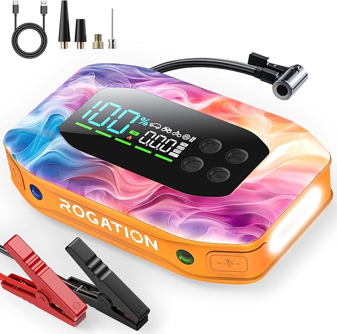 2000A Jump Starter with Air Compressor, Portable Car Battery Jump Starter, 12V Booster for Gas/Diesel Engines, 150PSI Tire Inflator 10000ma/h 33W Bidirectional fast Charging Power Bank-Orange