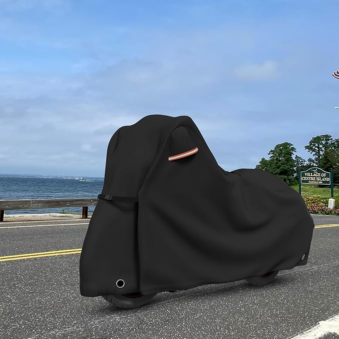 STARTWO Motorcycle Cover Lock-Holes and Storage Bag All Season Universal Night Reflective Universal Heavy Duty Motorcycle Vehicle Cover-86 L x 41" W x 50" H Black