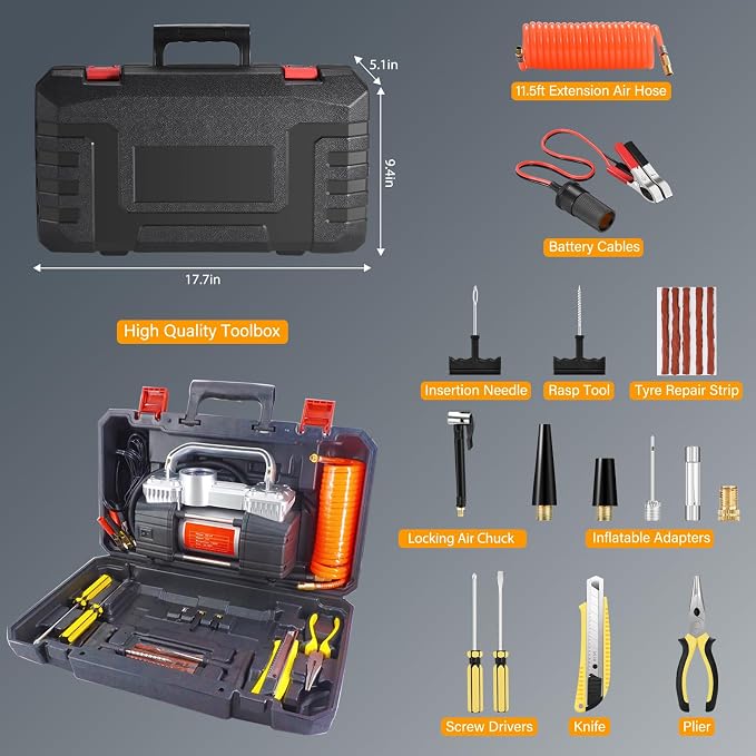 GSPSCN 12V Digital Heavy Duty Tire Inflator PortableAir Compressor Pump | with Toolbox Tire Repair Kit 6X Faster Inflation Auto shut-off Dual Cylinders Air Pump 150Psi for Car,Pickup Truck,SUV,Balls