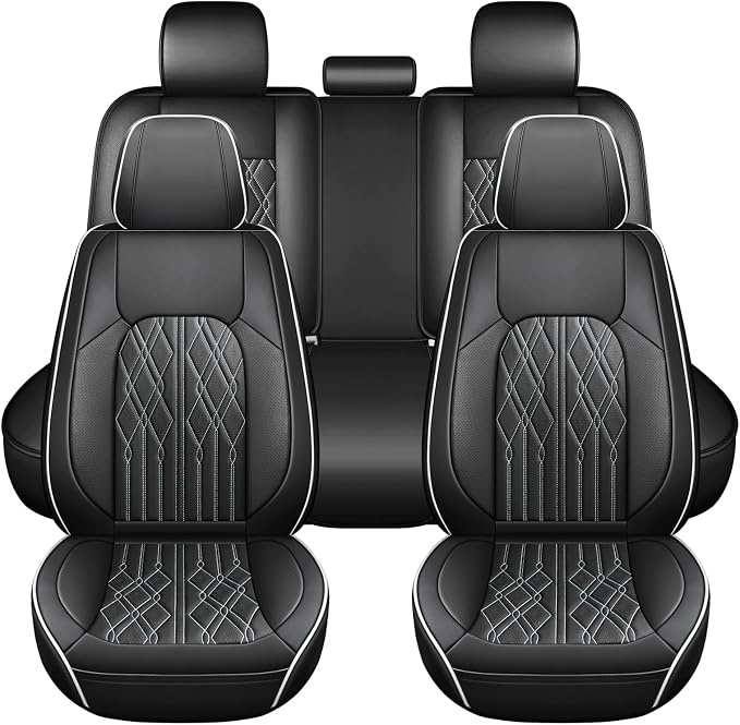 Huidasource Automotive Seat Covers, Leather Seat Cover Universal Fit for Most Cars Sedans SUVs Trucks, Airbag Compatible, Cup Holder Access, Easy Install, Wipes Clean, Wear-Resistant, Black&White