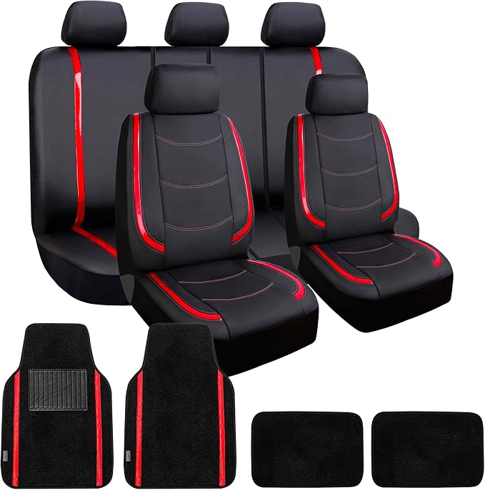 FH Group Galaxy13 Metallic Striped Deluxe Leatherette Car Seat Covers with Matching Carpet Floor Mats – Full Set, Universal Fit, Airbag Compatible for Cars, SUVs & Sedans, Red
