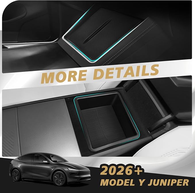 BestEvMod 3PCS Center Console Organizer Fit for 2026 2025 Tesla New Model Y Juniper Accessories Slide smoothly Armrest Upper Storage Box Front Console Tray Wireless Charger Mat Silicone OEM Style