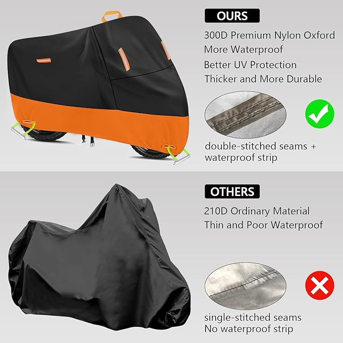Motorcycle Cover 300D Oxford Motorcycle Covers Waterproof Outdoor Storage Fit up to 110 inch Sportster Road King Street Glide Honda Goldwing Vulcan Yamaha (4XL: 108" x 37" x 55")