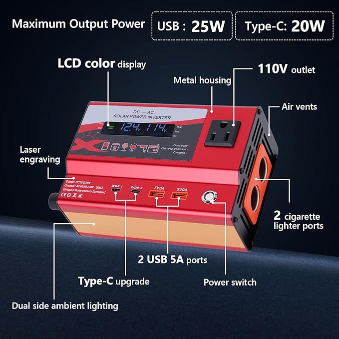 600W Car Power Inverter, 12V/24V Car Plug Adapter Outlet Converter with Dual Type C, Dual USB Dual, Dual Cigar Lighter, Single AC Outlet for Cars Trucks US Plug (Red)