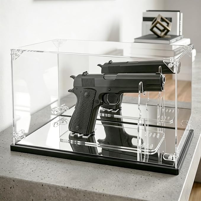 Premium Acrylic Pistol Display Case with Dual Mirrors - UV Protection & Dustproof Handgun Showcase with Adjustable Stand & Sleek Black Base, Universal Fit for Most Pistol Models (11.6x4.5x7 Inch)