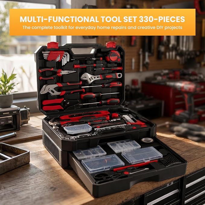 330-Piece Portable Home Repair Tool Kit with Pull-Out Drawer | Compact Homeowners Tool Kit, Durable Tool Box for Homeowner, DIY Projects, Handyman, Black-Red