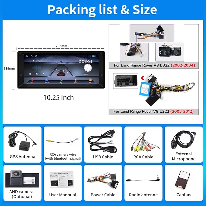 2GB+32GB Car Stereo Android 13 Radio for Land Rover Range Rover III L322 V8 2005-2012, GPS Navigation 10.25 Inch Multimedia Video Player FM BT Receiver WiFi Carplay Android Auto