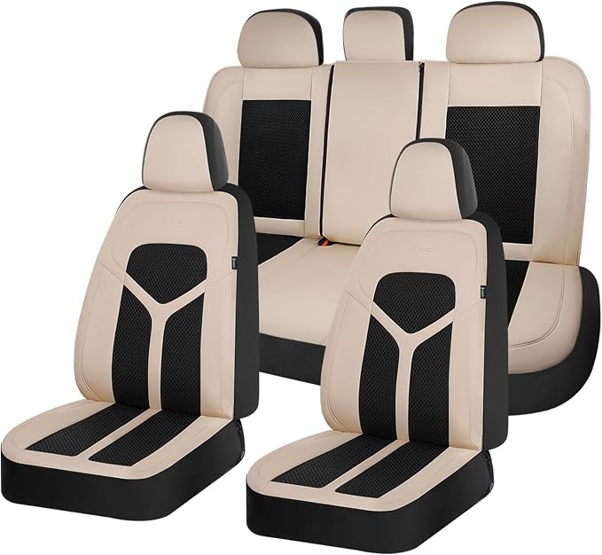 FLORICH Car Seat Covers Full Set, Universal Seat Cover 5 Seats, Automotive Seat Covers with Mesh Leather, Waterproof Car Seat Protector, Breathable Car Seat Cushion for Most Car SUV Truck, Beige