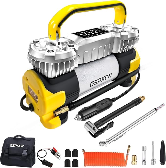 GSPSCN Digital Tire Inflator 12V Heavy Duty Metal Portable Air Compressor | 6X Faster Inflation Auto Shut-off Dual Cylinder Air Pump 150PSI LED Light w/Pencil Pressure Gauge for Car,Pickup,SUV,RV,Balls