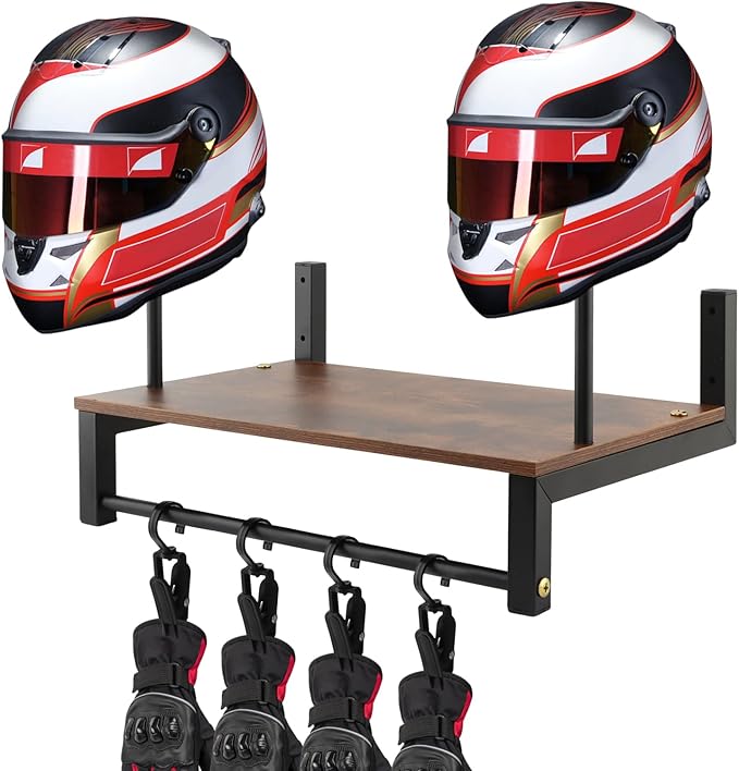 Motorcycle Helmet Holder Wall Mount, 2 Helmet Stands with Gear Rack and 4 Detachable Clips, Wooden and Metal Helmet Organizer for Garage or Entryway, Includes Helmet Storage Bag