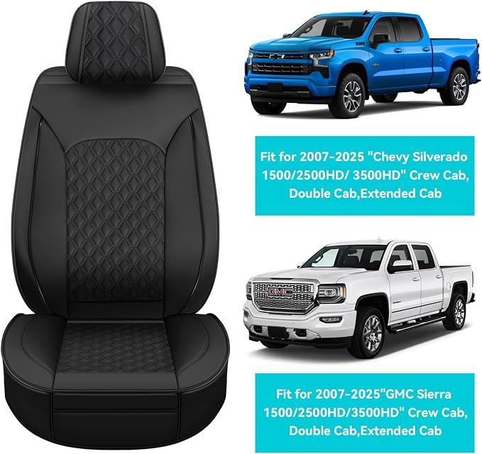 Seat Covers for GMC Sierra Chevy Chevrolet Silverado 1500 2500HD 3500HD 2007-2026, Custom Fit Crew Double Extended Cab Trucks LT Trail Boss RST WT Heavy Duty Luxury Leather Full Set Covers