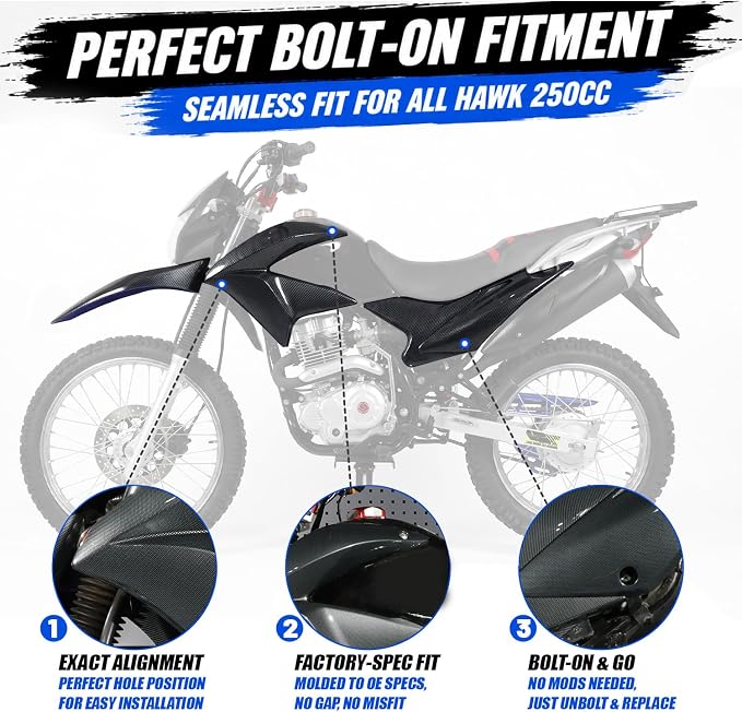 Hawk 250 Plastics Fairing Kit (All Years) - Premium PP Dirt Bike Bodywork Replacement with Fenders & Tank Guards - OEM Fitment Carbon Fiber Pattern