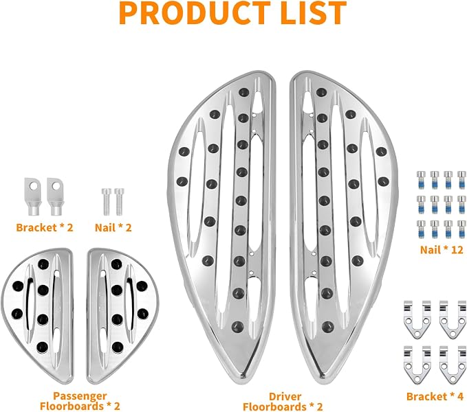 Floorboards Set Driver Passenger Footboards Front Rear Foot Pegs CNC Fit For Harley Touring Road Glide Street Glide Electra Glide Softail Dyna (Chrome)
