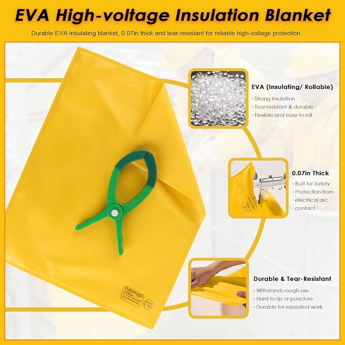 Voltage Insulating Blanket 10KV, High/Low Voltage Electrical Safety Blanket with 4 Pcs Insulation Clamp, for Around Substations Lineman, Yellow (2.9ft×3.3ft (35 2/5" × 39 2/5"))