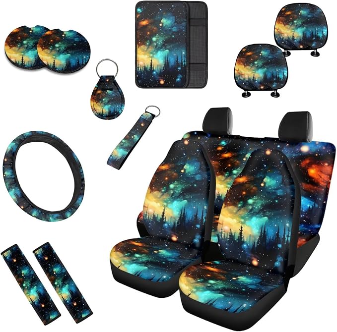 Galaxy Forest Car Seat Cover Full Set of 13, Oil Painting Vehicle Headrest Cover Cup Holder Coaster, Starry Night Impressionism Automotive Interior Covers for Sedan Truck